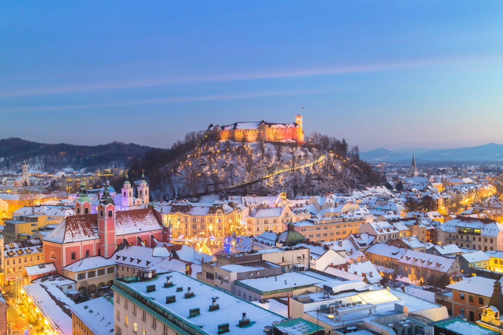 View of Ljubljana and the castle under snow in the winter
