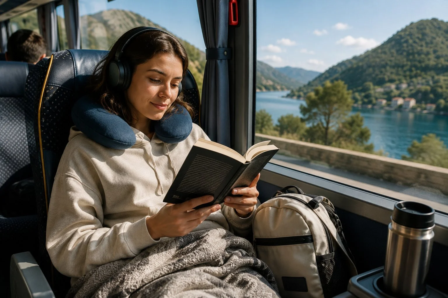 Passenger reading a book during a long bus journey